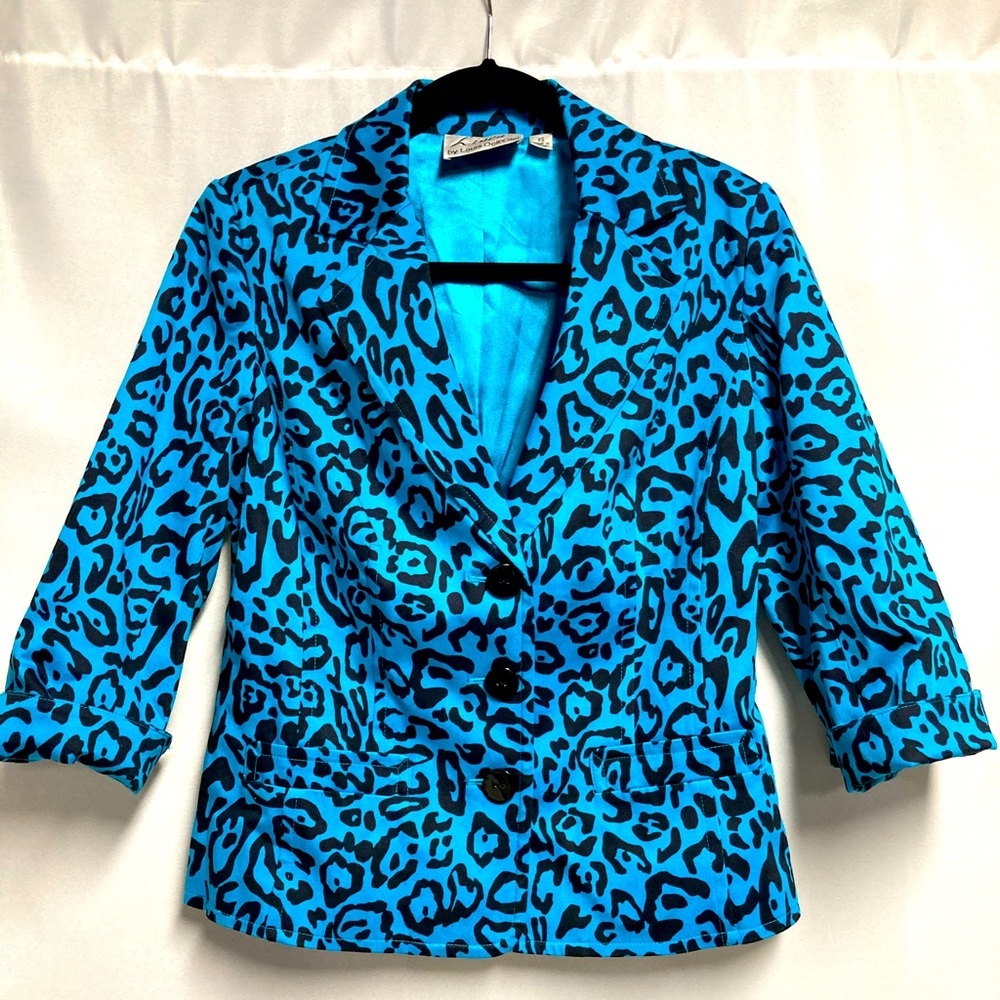 Linea by Louis Dell’Olio blue and black leopard print blazer, Size XS (#SUM168)